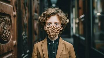 ein Junge tragen schützend Maske covid 19 Maske tragen foto