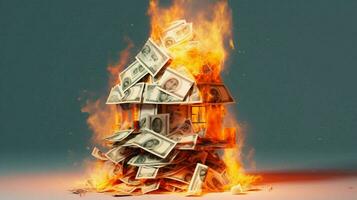 ein Verbrennung Haus von Stapel von Geld foto