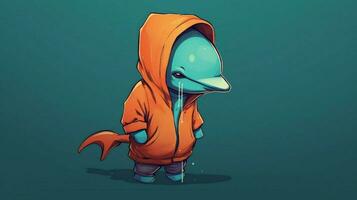 ein Karikatur Delfin mit ein Kapuzenpullover und ein Kapuzenpullover foto