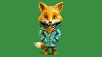 ein Karikatur Fuchs mit ein Grün Jacke und ein Grün Kapuzenpullover foto