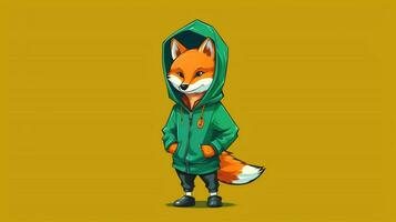 ein Karikatur Fuchs mit ein Grün Jacke und ein Grün Kapuzenpullover foto