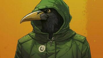 ein Karikatur Bild von ein Vogel tragen ein Grün Jacke foto