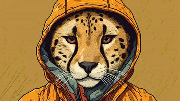 ein Karikatur Bild von ein Gepard tragen ein Jacke und foto