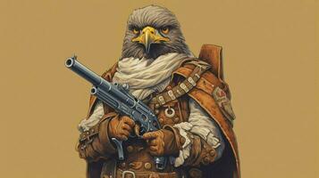 ein Karikatur Bild von ein Falke mit ein Gewehr und ein Gewehr auf foto
