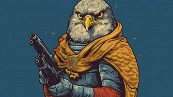 ein Karikatur Bild von ein Falke mit ein Gewehr und ein Gewehr auf foto