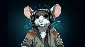 ein Karikatur Bild von ein Ratte tragen Kopfhörer foto