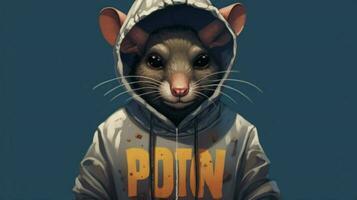 ein Karikatur Ratte mit ein Kapuzenpullover und ein Kapuzenpullover Das sagen foto