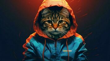 ein Katze im ein Kapuzenpullover und ein Jacke mit das Wort Katze foto