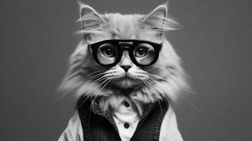 ein Katze tragen Brille und ein Halsband mit ein Etikett tha foto