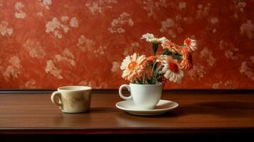 ein Tasse von Kaffee und ein Blume auf ein hölzern Tabelle foto