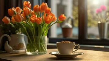 ein Tasse von Kaffee sitzt auf ein Tabelle Nächster zu ein Vase von foto