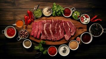 ein Schneiden Tafel mit Fleisch und Saucen auf es foto