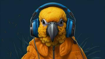 ein Digital Kunst von ein Vogel mit Kopfhörer und ein jak foto