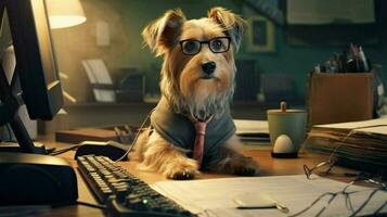 ein Hund tragen Brille sitzt beim ein Schreibtisch mit ein Computer foto