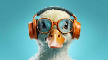 ein Ente mit Kopfhörer und Brille foto