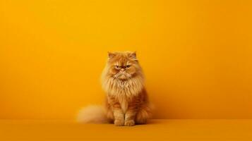 ein flauschige Orange Katze sitzt auf ein Gelb Hintergrund foto