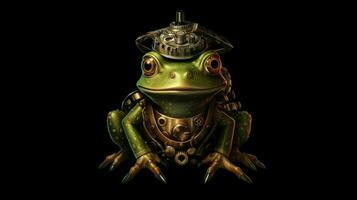 ein Frosch mit Getriebe und ein Helm sitzt auf ein schwarz foto