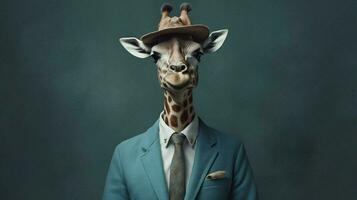 ein Giraffe mit ein Blau Jacke und ein Blau Hut foto