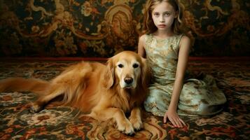 ein Mädchen und ein golden Retriever Hund auf ein Teppich foto