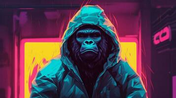 ein Gorilla im ein Kapuzenpullover mit ein Neon- Zeichen Das sagt foto
