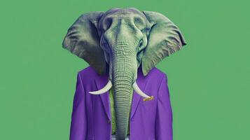 ein Grün Poster von ein Elefant mit ein lila Hemd foto