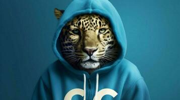 ein Leopard tragen ein Blau Kapuzenpullover mit das Wort cc foto