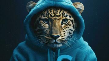 ein Leopard tragen ein Blau Kapuzenpullover mit das Wort cc foto