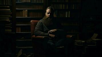 ein Mann mit ein Bart sitzt im ein dunkel Zimmer foto