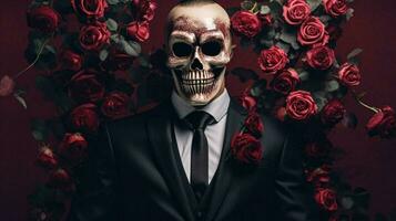 ein Mann mit ein Schädel Maske halten Rosen foto