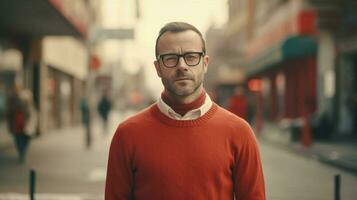 ein Mann mit Brille und ein rot Sweatshirt steht foto