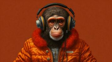 ein Affe mit ein Jacke und Kopfhörer ist tragen foto