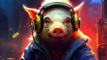 ein Schwein tragen ein Kopfhörer und tragen ein Jacke foto