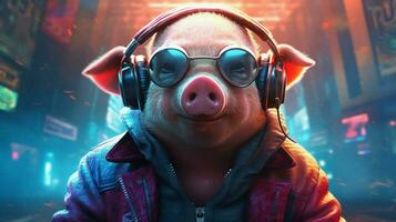 ein Schwein tragen ein Kopfhörer und tragen ein Jacke foto