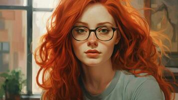 ein Porträt von ein Frau mit rot Haar und Brille foto