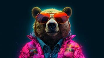 ein Poster zum ein Bär mit ein Neon- Jacke und Sonnenbrille foto