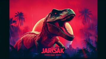 ein Poster zum ein Dinosaurier mit ein rot Hintergrund foto