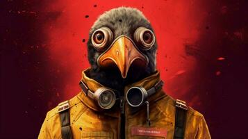 ein Poster mit ein Vogel tragen ein Gas Maske foto