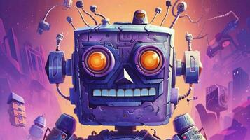 ein lila Poster mit ein Roboter Kopf und das Wort foto