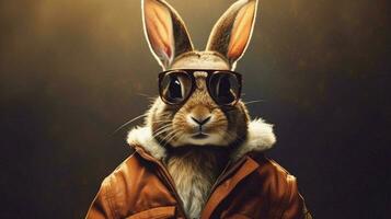 ein Hase im ein Jacke mit Brille und ein Kapuzenpullover foto