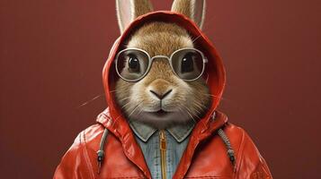 ein Hase im ein Jacke mit Brille und ein Kapuzenpullover foto