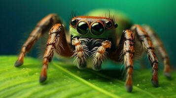 ein Spinne mit Gelb Augen ist auf ein Grün Hintergrund foto