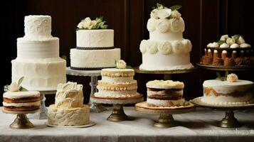 ein Weiß Hochzeit Kuchen ist auf ein Tabelle foto