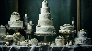 ein Weiß Hochzeit Kuchen ist auf ein Tabelle foto