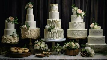 ein Weiß Hochzeit Kuchen ist auf ein Tabelle mit andere Kuchen foto