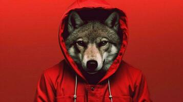 ein Wolf im ein rot Jacke mit ein Kapuzenpullover foto