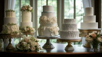 ein Weiß Hochzeit Kuchen ist auf ein Tabelle mit andere Kuchen foto