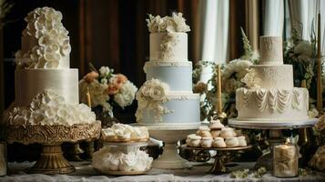 ein Weiß Hochzeit Kuchen ist auf ein Tabelle mit andere Kuchen foto
