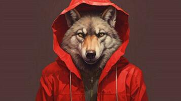 ein Wolf im ein rot Jacke mit ein Kapuzenpullover foto