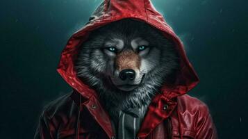 ein Wolf im ein rot Jacke mit ein Kapuzenpullover foto