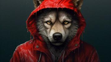 ein Wolf im ein rot Jacke mit ein Kapuzenpullover foto